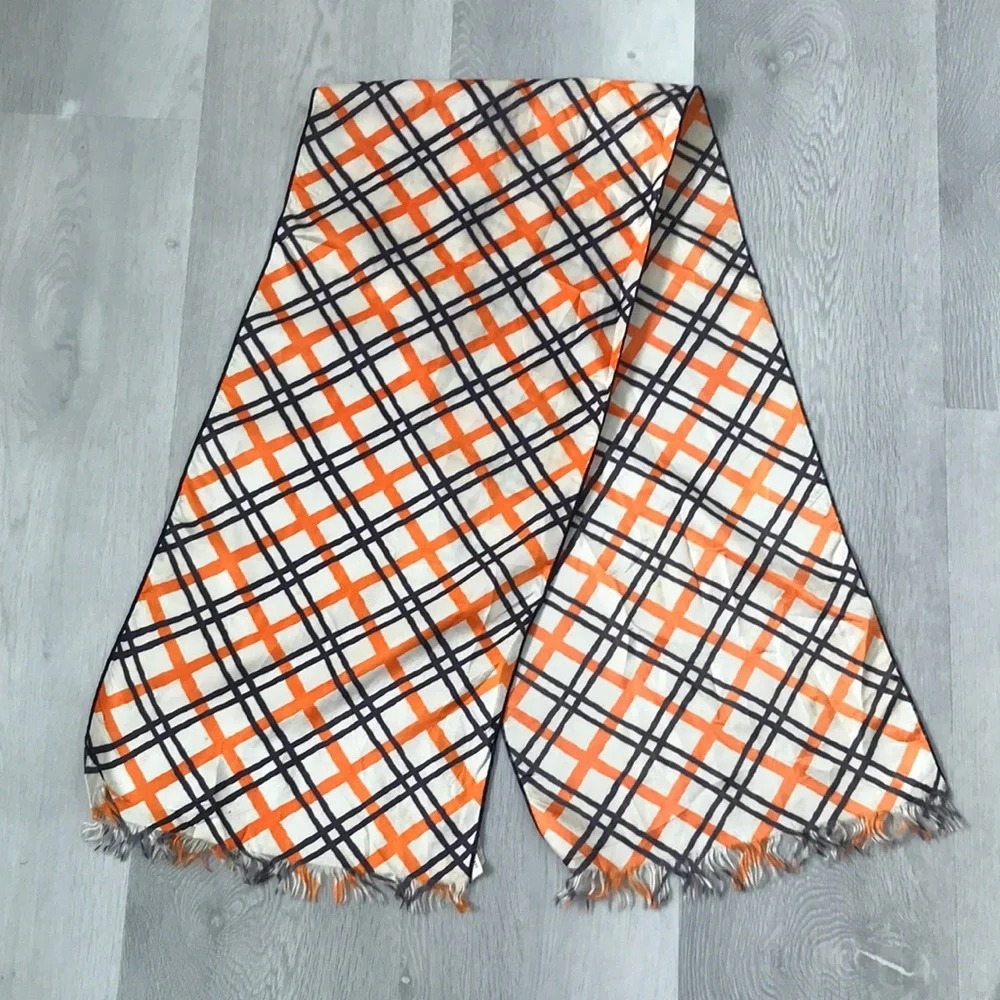 SCARF NAVY IVORY ORANGE NOVA CHECK SATIN FRINGE HEM